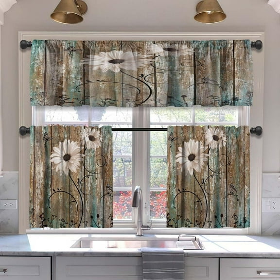 Floral Blackout Kitchen Curtains Tiers and Valances Set 3 Piece for Windows Butterfly Kitchen Window Curtains Set,Farmhouse Wooden Texture Valances for Living Room(36" Tiers Set)