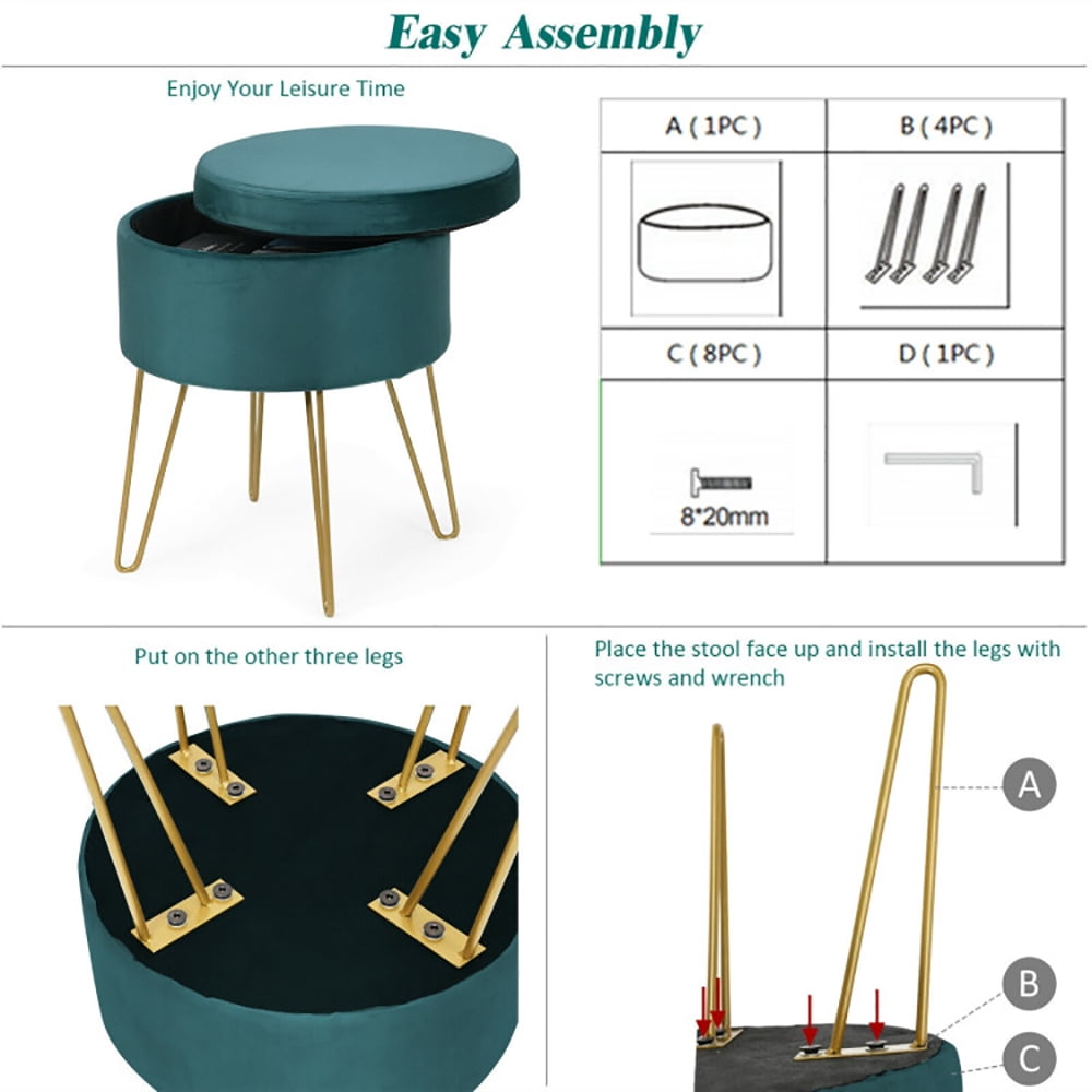Finihen Round Velvet Storage Ottoman, Footrest Stool, Vanity Chair with Metal Legs, for Living Room, Bedroom, Dark Green Finihen Round Velvet Storage Ottoman, Footrest Stool, Vanity Chair with Metal Legs, for Living Room, Bedroom, Dark Green