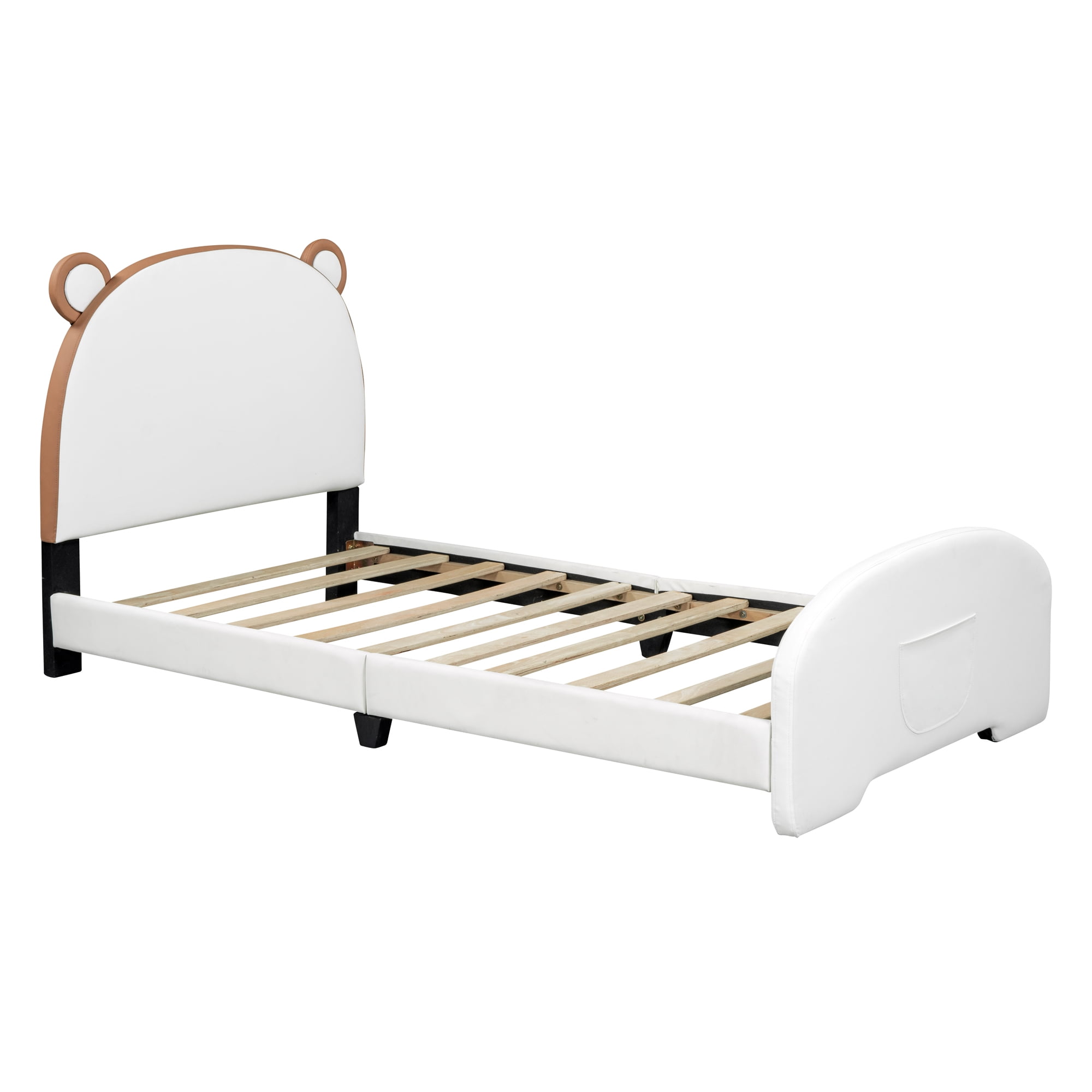 Aukfa Upholstered Platform Bed with Bear-shaped Headboard and Footboard, Twin Bed for Kids - White