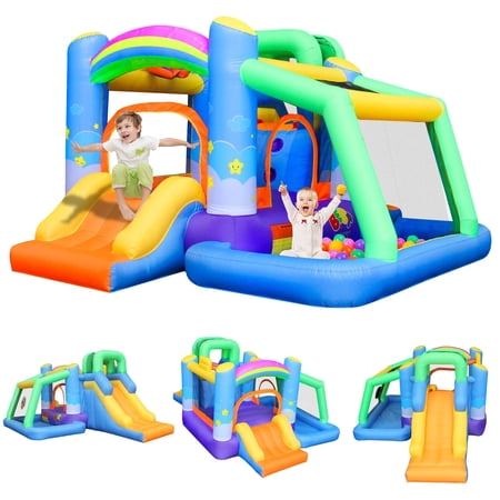 BESTPARTY Inflatable Bounce House, 7 in 1 Rainbow Clouds Inflatable Jumping Bouncer, Toddler & Large Slide for Kids Play Jumper House with Blower(450w)
