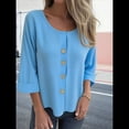 thumbnail image 4 of Blusas de para Mujer, Cuello en V, Mangas 3/4, Abotonadas, Sueltas, Informales, Lisas, Tipo Túnica. Azul 4XL, 4 of 6