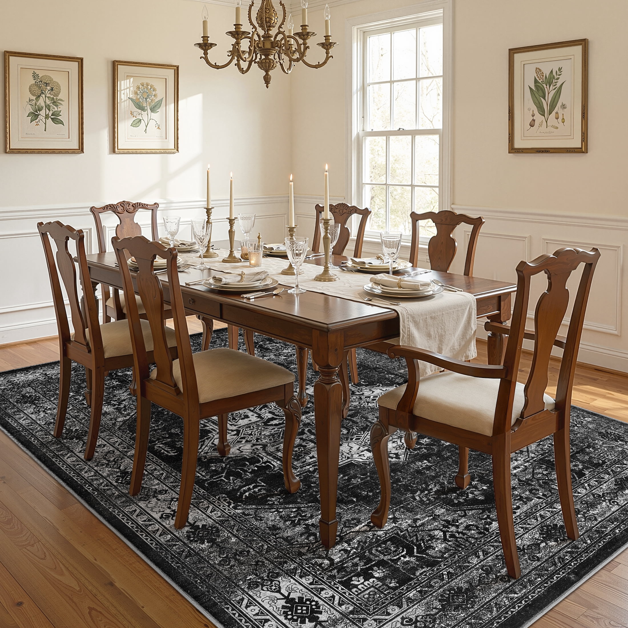 UERMEI 9x12 Washable Area Rugs for Living Room, Modern Vintage Printed Rug, Vacuum-Friendly, Non Slip Indoor Rug for Bedroom Dining Room Home Decor Carpet, Black