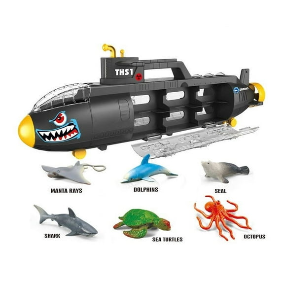 Submarine Toy Shark Car Carrier w 6 sea animals and storage