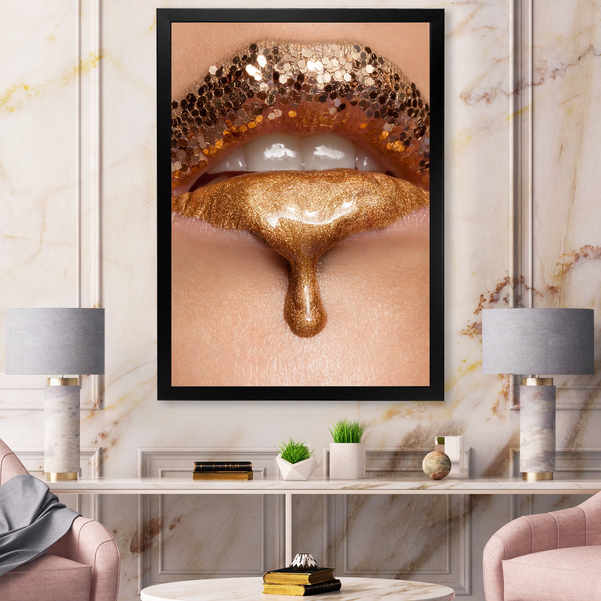 Designart 'Close-Up Of Woman Make-Up Of Gold Liquid Lips' Modern Framed Art Print