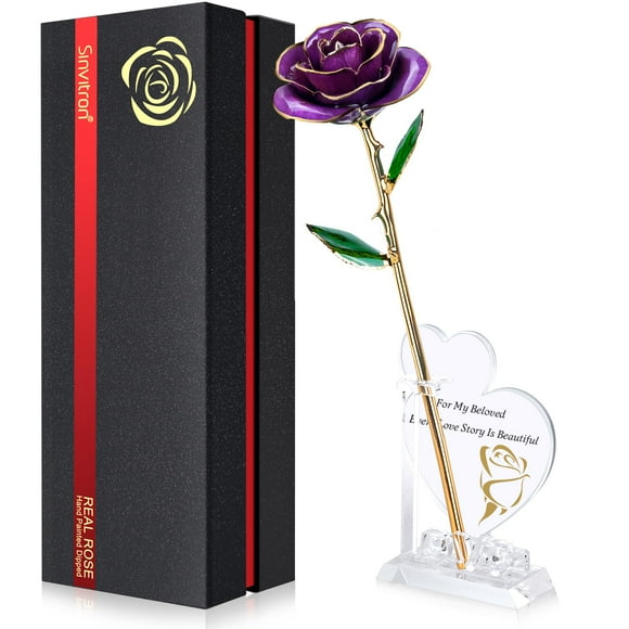 Sinvitron Gold Dipped Rose 24K Real Rose Long Stem Hand Dipped in 24k Gold Rose Unique Romantic Gifts for Women in Her Birthday Anniversary Valentines Day for Mom (Purple)