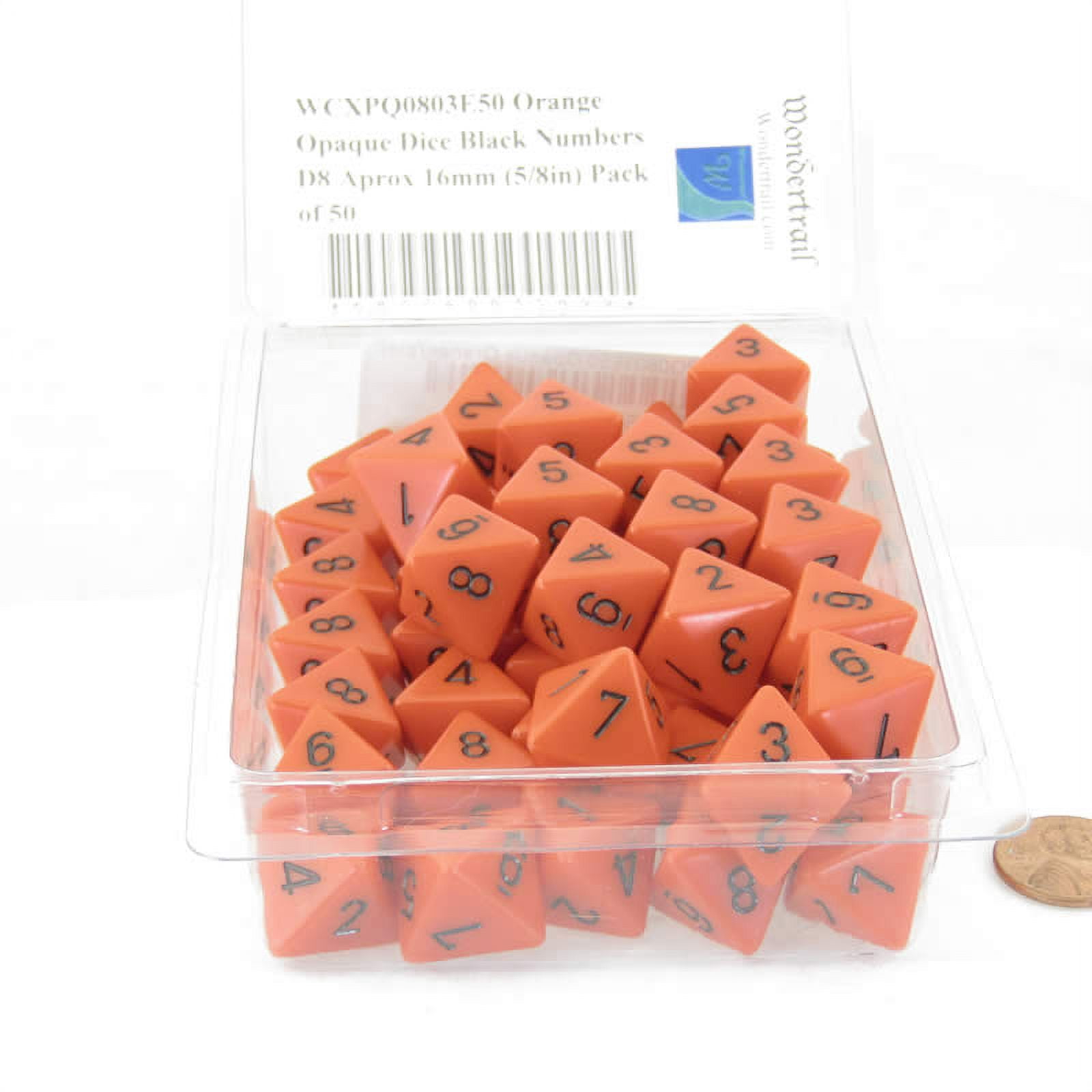 Orange Opaque Dice with Black Numbers D8 Aprox 16mm (5/8in) Pack of 50 Wondertrail