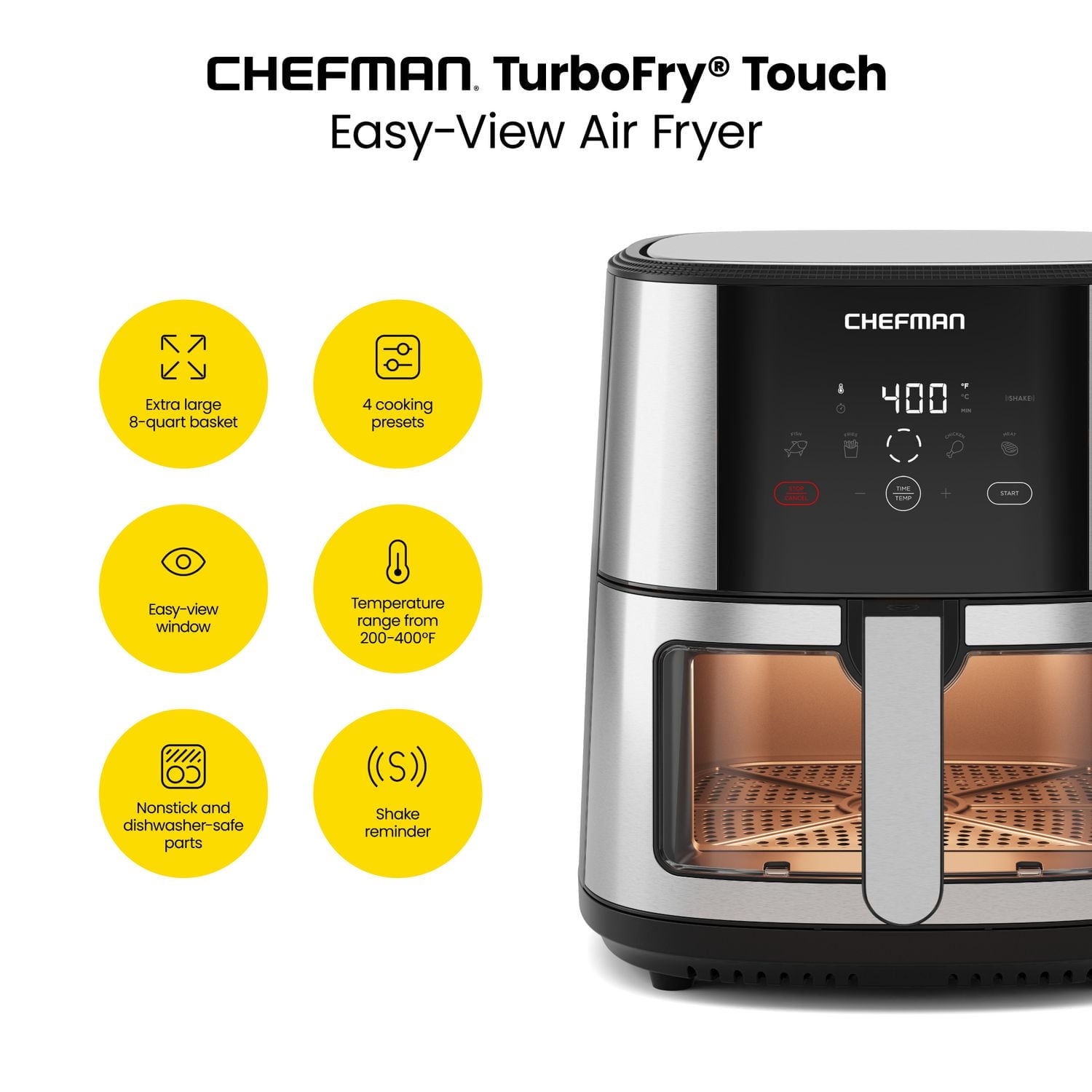 Chefman Easy-View Air Fryer with Digital Controls, 7.5L (8 Qt) Capacity - Stainless Steel, New, 7.5L (8 Quart) Air Fryer