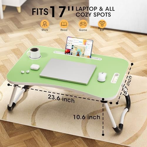 Folding Lap Desk, 23.6 Inch Wood Laptop Bed Desk with Cup Holder, Portable Bed Table for Working Writing Reading & Eating for Bed, Sofa, Couch, Floor - Green