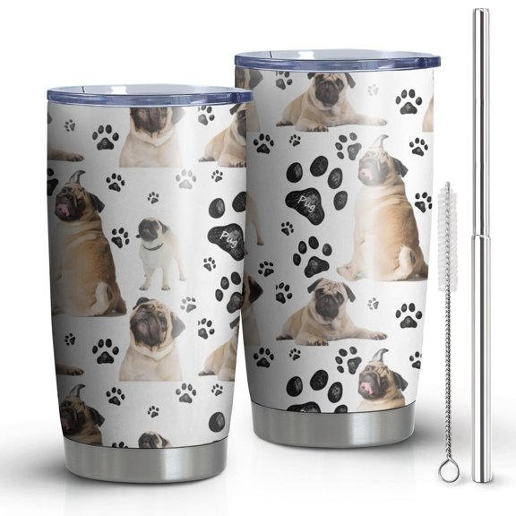 20oz Tumblers Pug and Footprints Stainless Steel Vacuum Insulated Double Wall Travel Tumbler Cups Mug with Lid and Straw,Cleaning Brush for Cold & Hot Drinks