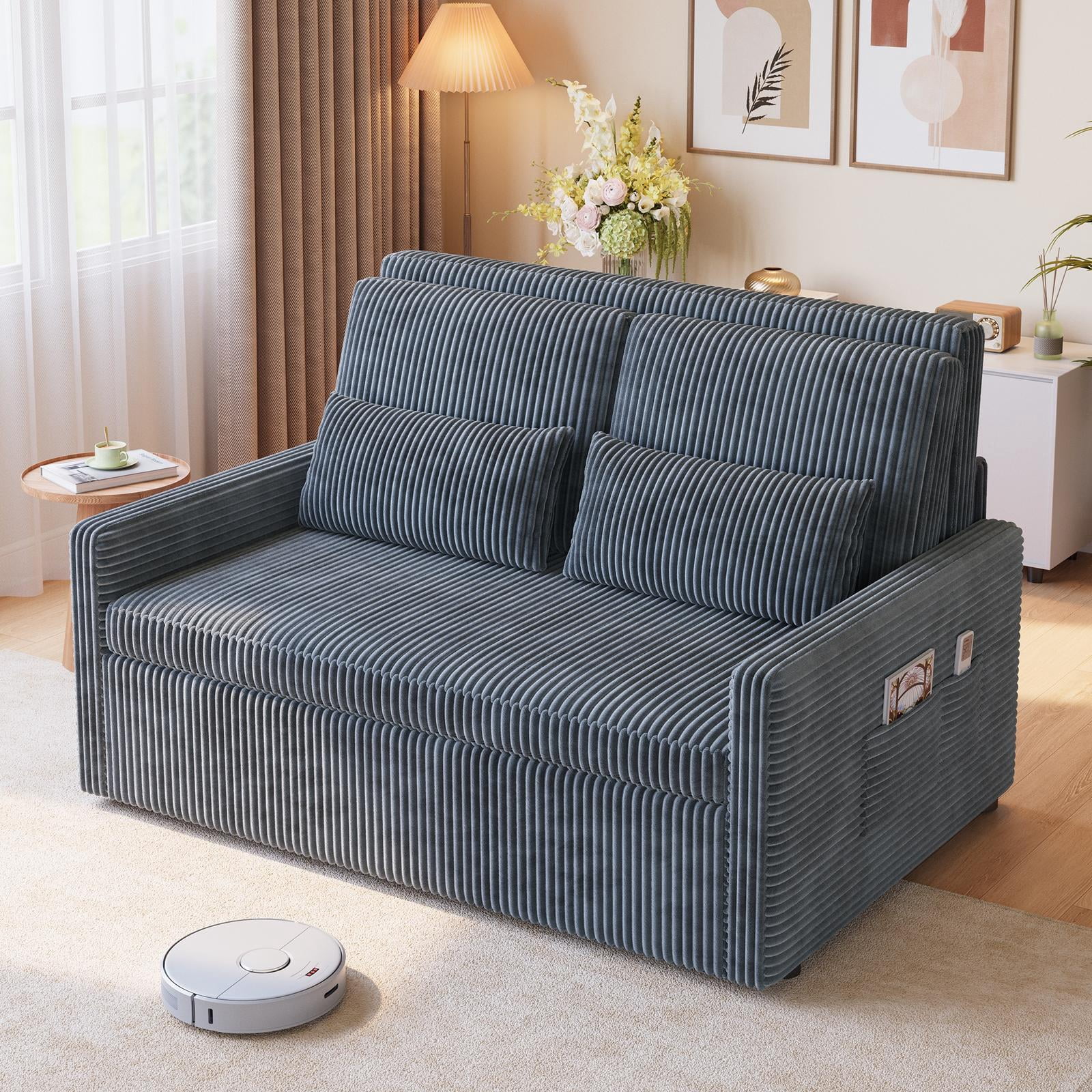 Noelse 3 in 1 Convertible Sofa Bed, Pull Out Sleeper Sofa Chair with Corduroy Upholstery, Space-Saving Loveseat Sleeper Bed for Living Room, Bedroom, Apartment, Dark Gray