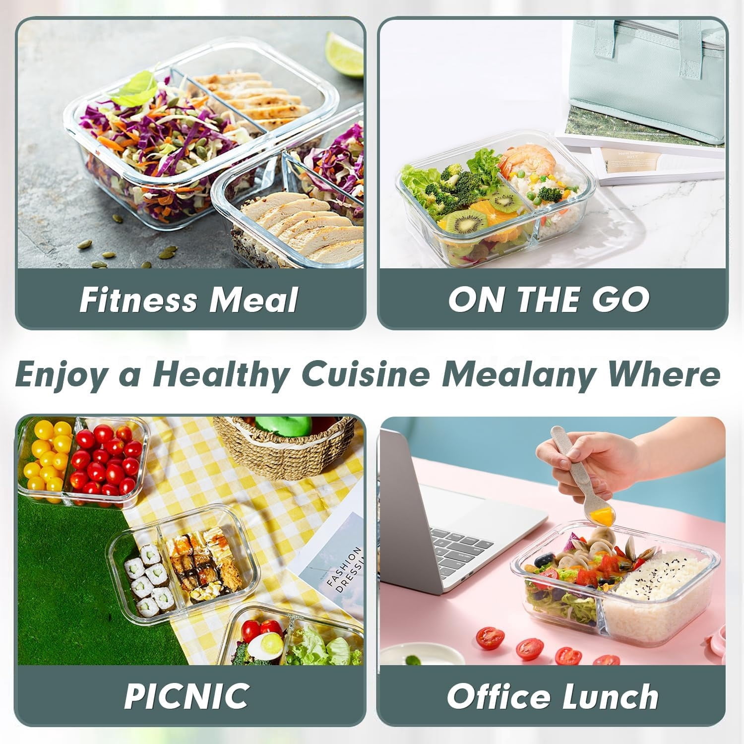 10 Pack Glass Meal Prep Containers 2 Compartment Set, 30 OZ Airtight Glass Lunch Containers, Glass Food Storage Containers with Lids, for Microwave, Oven, Freezer & Dishwasher Friendly，Grey