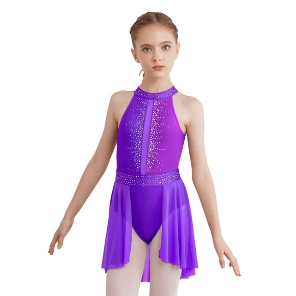 Doomiva Kids Girls Lyrical Ballet Dance Dress Sleeveless Figure Ice Skating Dress Gymnastic Leotard Ballerina Dancewear Purple 12