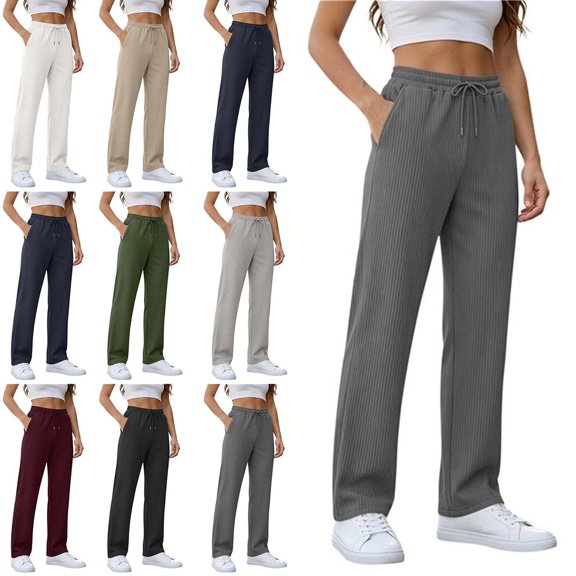 Lumosvexa Women's Drawstring Pants, Side Pockets Straight Leg Elastic Waist Fall Active Casual Pants Gray L