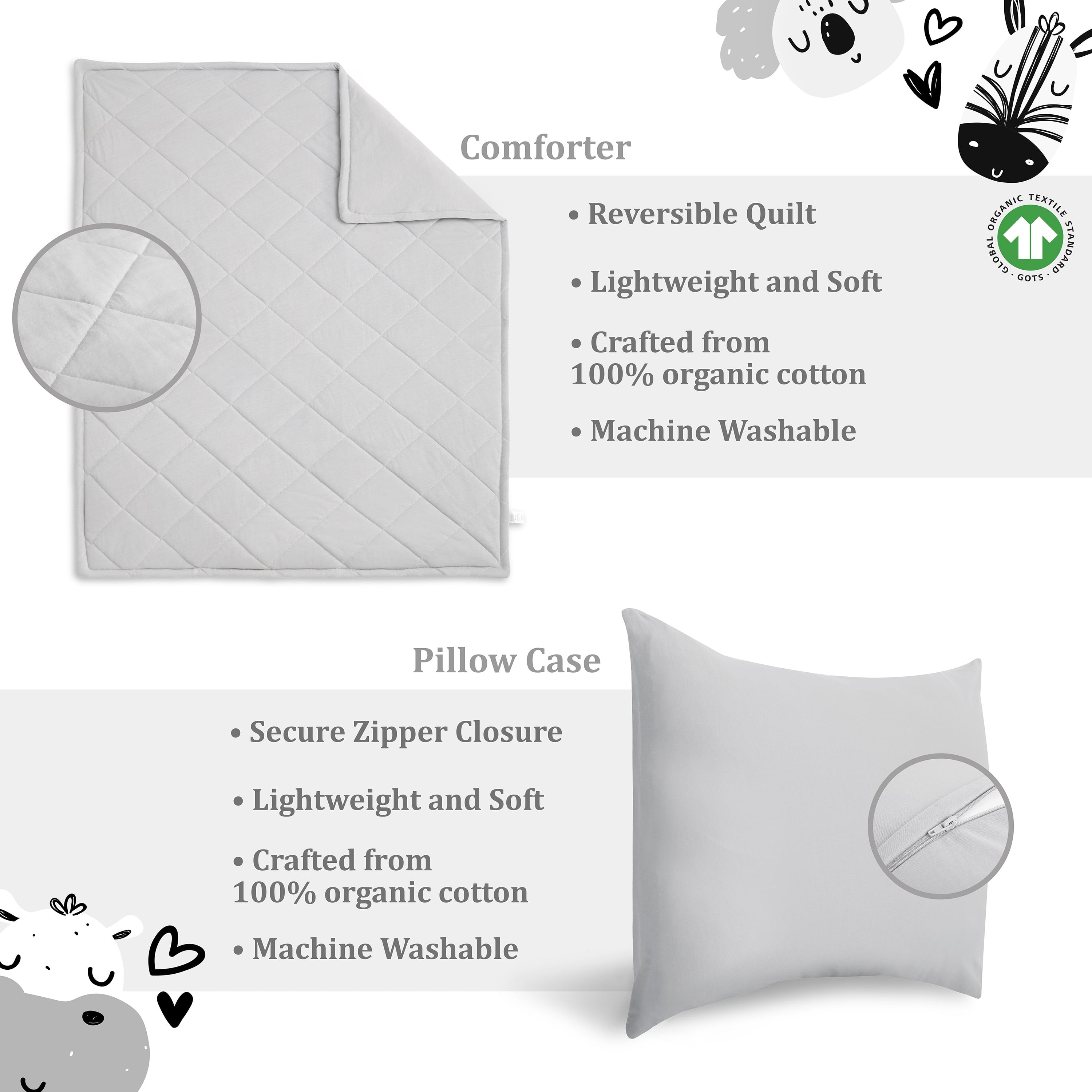 Evolur Zoo Love Collection 3pc Toddler Bed Set (Fitted Sheet, Comforter, Pillow Case) in Glacier Grey & Animal Print