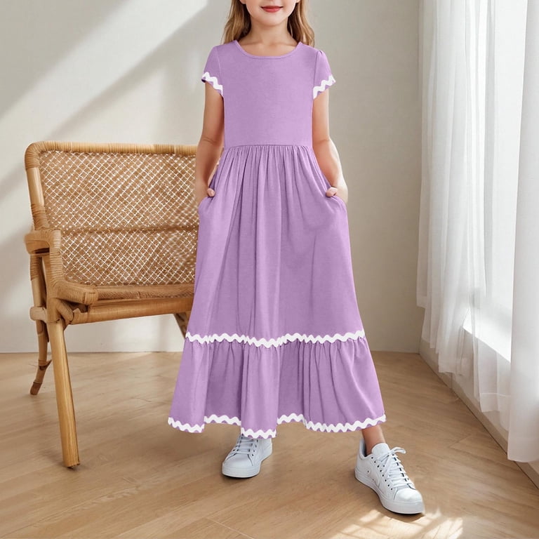 Girls Summer Maxi Dresses Short Sleeve Casual A-Line Flowy Tiered Dress  Beach Sundress with Pockets for 5-15 Years - Walmart.com