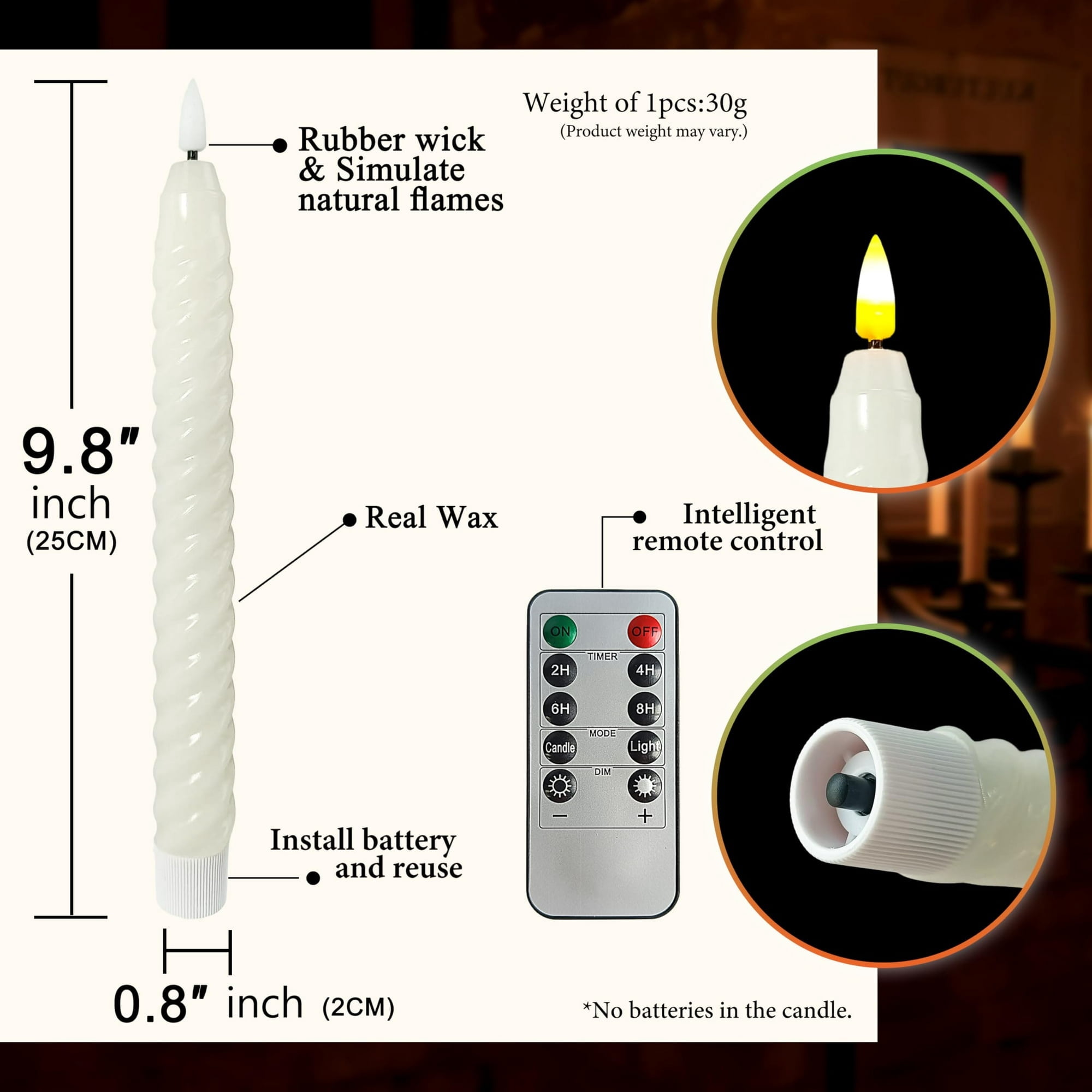 White Spiral Flameless Taper Candles, 9.8 Inch Flickering Candles with Remote and Timer, Real Wax Candlesticks LED Battery Operated 3D Wick for Wedding Party Home Decor