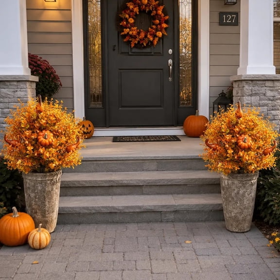 2PC Artificial Fall Pumpkin Tree Stakes Outdoor Autumn Decor with Orange Foliage & Gourds, Seasonal Garden Plant for Porch Entryway, 4ft (1PC)