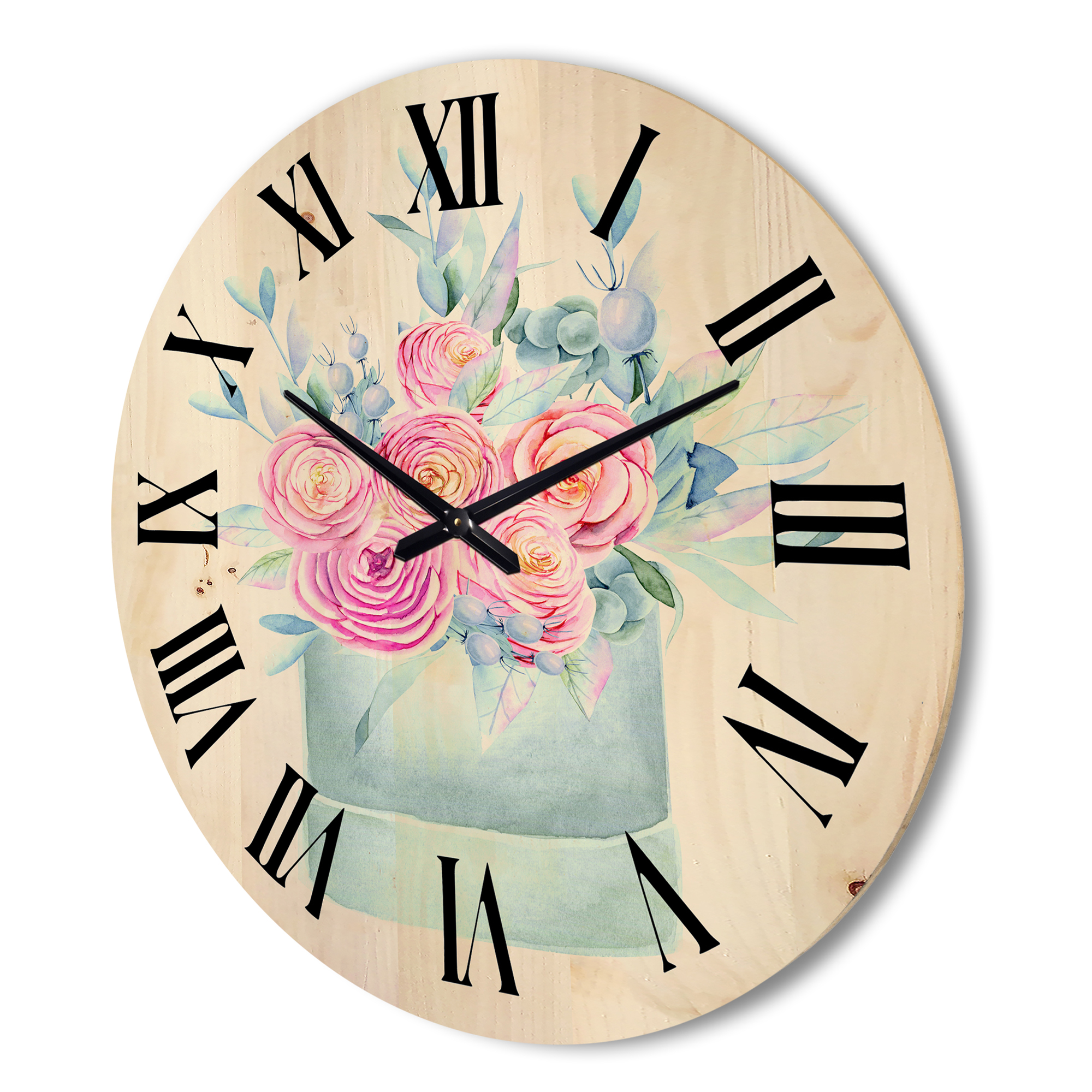 Designart 'Pink Roses With Gift Box' Farmhouse Wood Wall Clock
