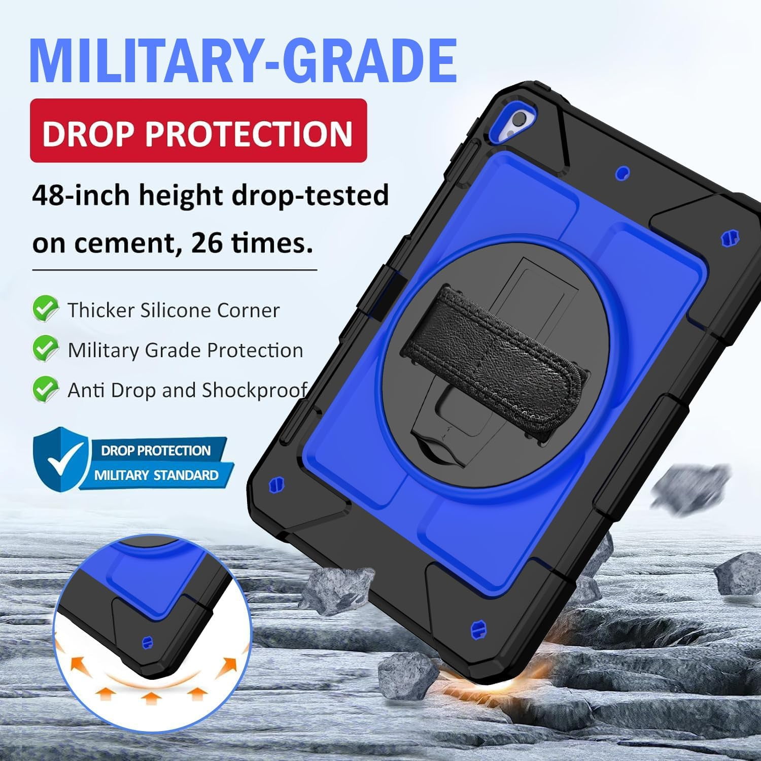 SUPNICE iPad 6th/5th Generation Case, iPad Air 2 Case, iPad 9.7 Case 2018/2017,iPad 9.7 Pro Case,Shockproof [360 Rotating Stand][Hand Strap][Pencil Holder] Case, Deep Blue