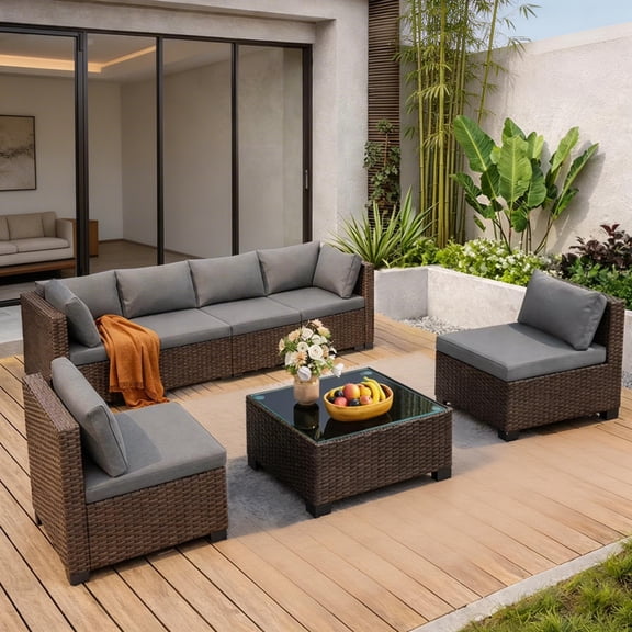 All-Weather 7 Piece Patio Furniture Set, Rattan Wicker Outdoor Conversation Sectional Sofa Set with Glass Table, Gray