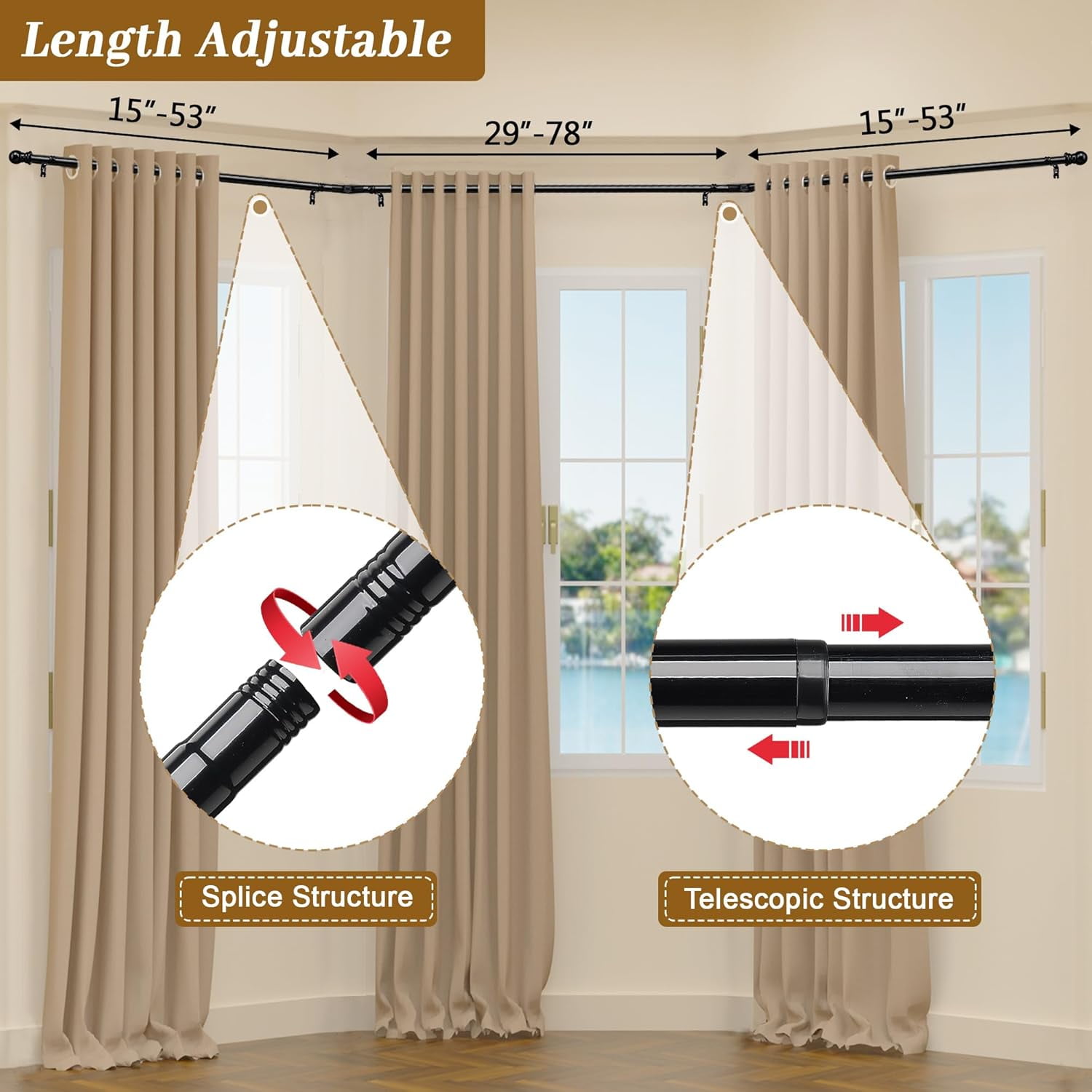 SOUMNS 1" Diameter Black Bay Window Curtain Rods,59" -184"Tecescoping Corner Curtain Rods（3 sides） for Bedroom