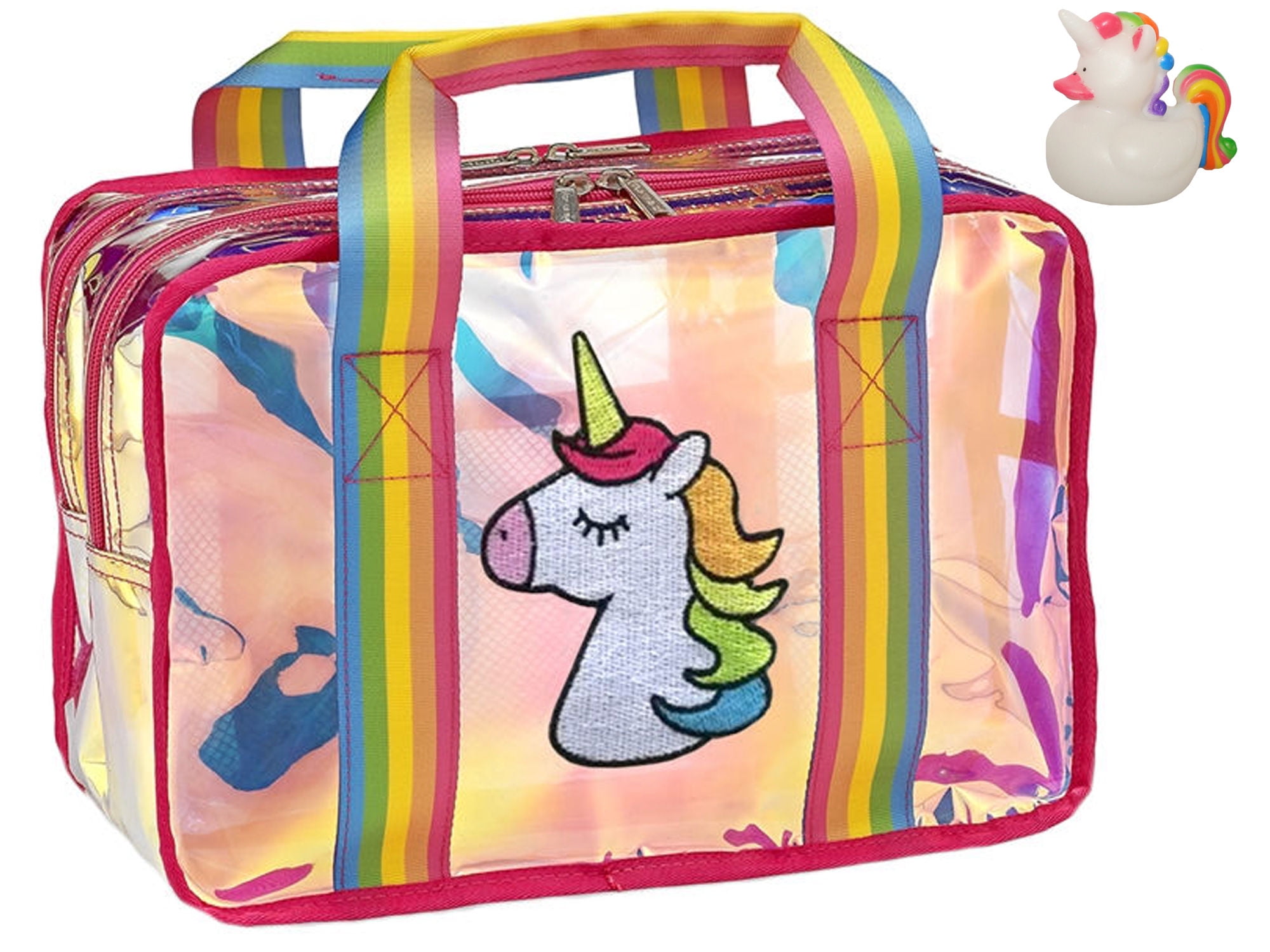 Unicorn Cosmetic Bag Clear Iridescent & Unicorn Rubber Ducky Bundle Set