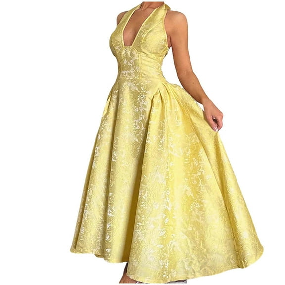 ZQUUVOU Women's Sleeveless Maxi Dress Halter Neck Flowy Cocktail Dresses Elegent Party Floral Summer Outfit Yellow