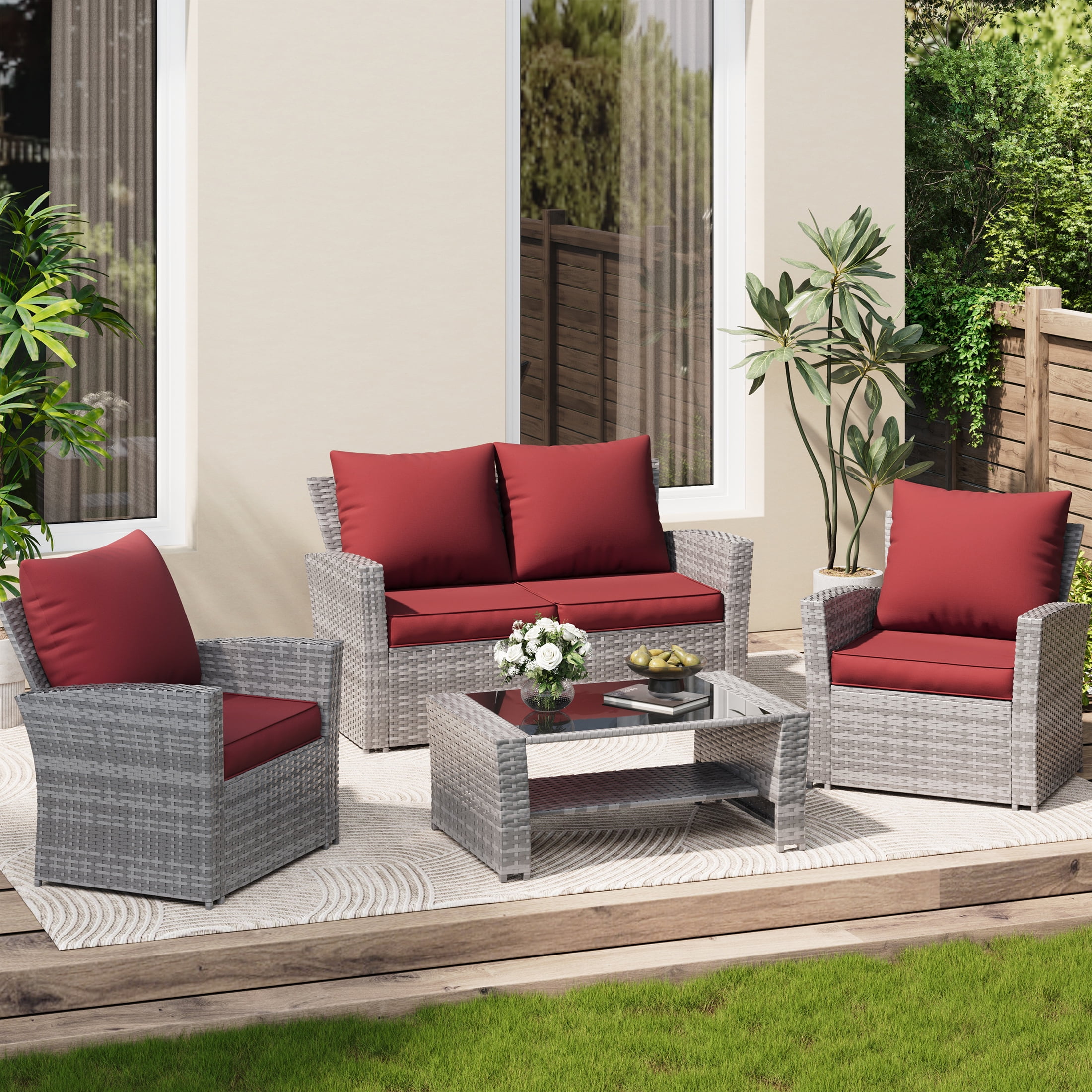 UDPATIO Outdoor Cushions for Patio Furniture, 4'' Replacement Cushions for Outdoor Furniture, Set of 4 Water-Resistant Outdoor Sectional Cushions for Sofa Couch Chair (Red)