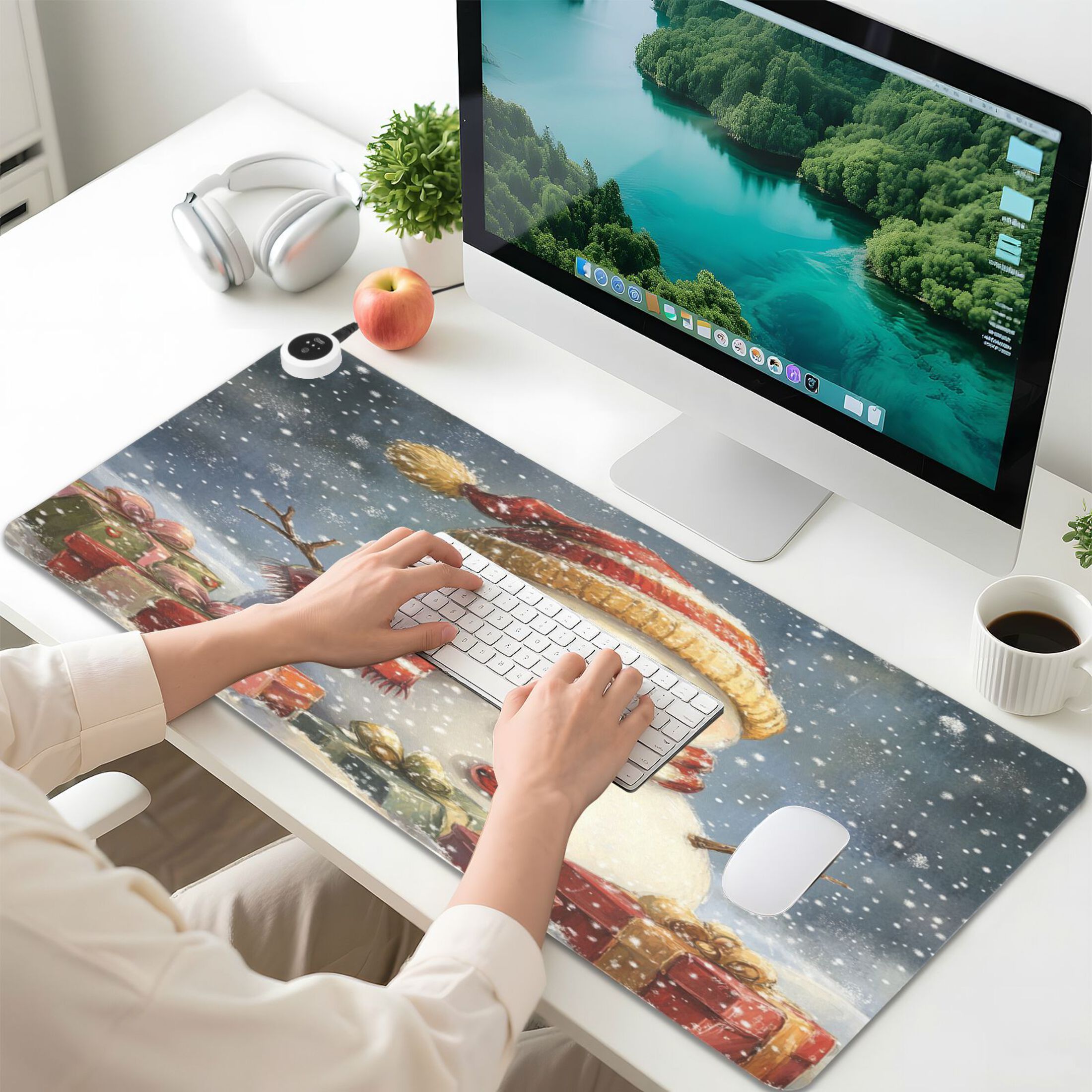 Wobogo Snowman Gift Heated Mouse Pad Extra-Large Desk Mat With 3 Heating Levels and 3-hour Auto Shut-Off Protection Ideal for Computer Keyboards Home Office Hand-warming Essential 31.5in × 13in