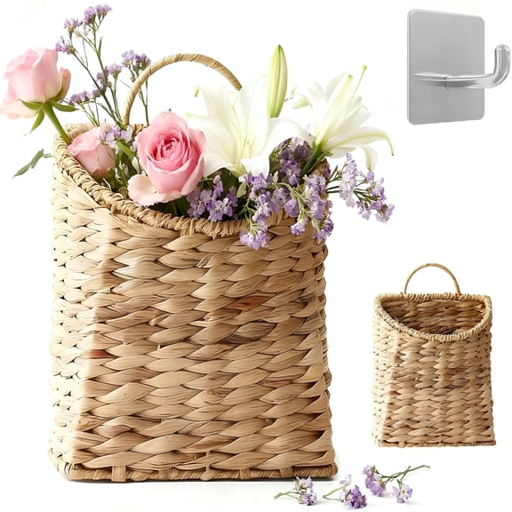 ACDANC Woven Hanging Wall Basket Water Hyacinth Hanging Wall Basket Wicker Handmade Rattan Wall Planter for Garden Home Flowers Hanging Planters 8.6" D X 5.1" W X 11.6" H