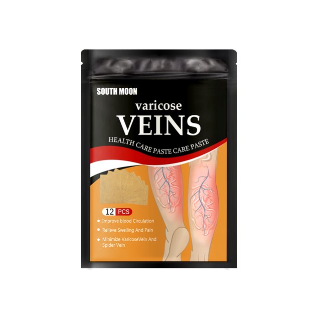 parche para el cuidado de la salud de las venas del pie, alivia el bloqueo vascular — Empaque frontal negro y naranja marca ENTASSER/South Moon con texto "varicose VEINS", ilustración de dos piernas con venas resaltadas, sello que indica 12 piezas y viñetas que mencionan diseñado para ayudar a mejorar la circulación, reducir la hinchazón y ofrecer terapia fría; bolsa sellada con borde superior negro; también suele usarse para alivio temporal de molestias en viajes.