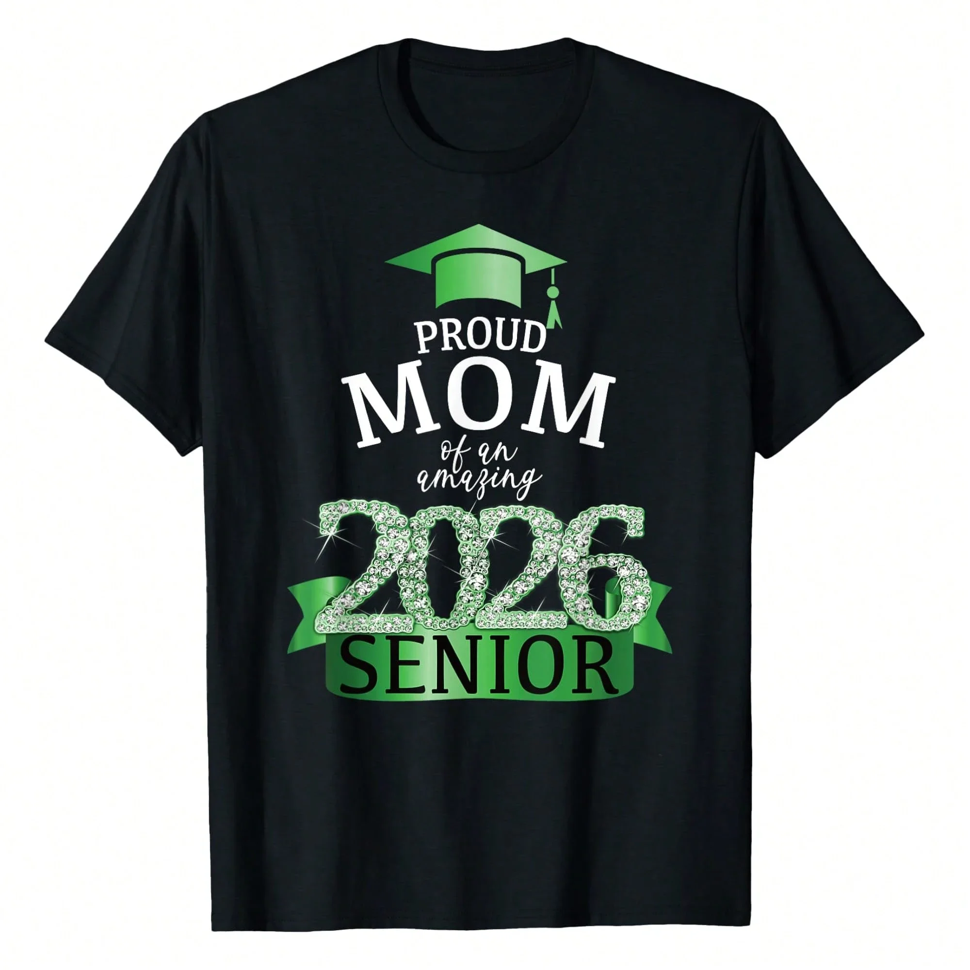 Proud Mom Class of 2026 Senior Graduation T-Shirt, Sparkling Green Graphic Tee for High School College Graduate Parent, Retro Family Celebration Apparel