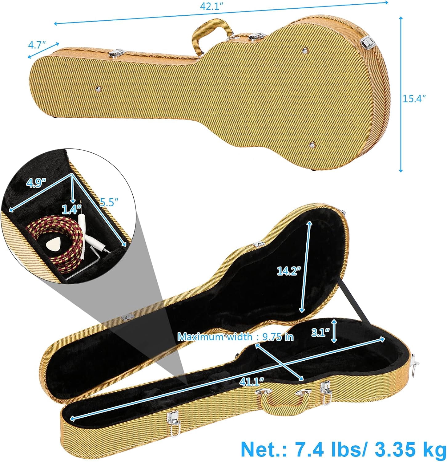 ZYPPP Electric Guitar Hard Case, Wooden Hard-Shell Protective Carrying Case for KLP-Style Electric Guitar with Lock Latch Padding-Yellow