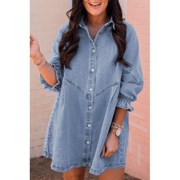 Women's Sky Blue Buttoned Long Sleeve Denim Mini Dress