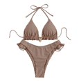 thumbnail image 3 of VNKIDY Womens Gingham Print Triangle Halter Bikini Set With Ruffled Shell Charm Detail High Cut Ruffled Bottom For Beach Days Pool Parties Summer Vacations SoftSwimwear, 3 of 4