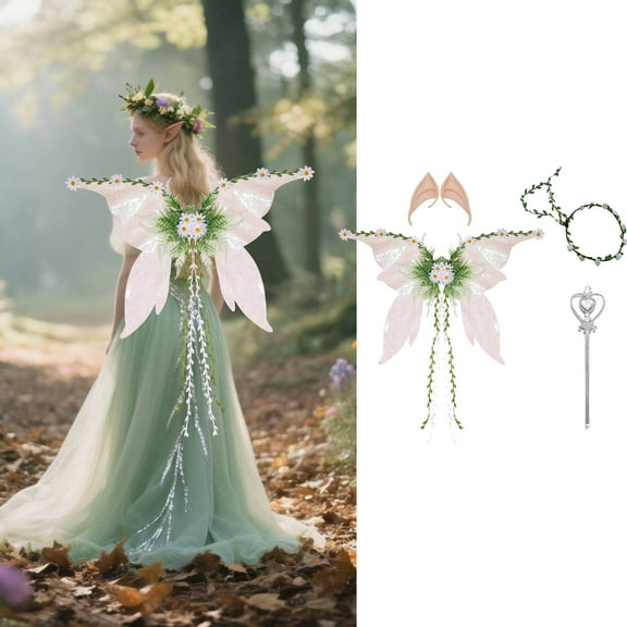4PCS/Set Fairy Wings for Women - Mother Nature Costume Woodland Elf Wings with Colorful Flowers Leaves and Vines for Adults Butterfly Wings for Renaissance Renfaire Fairy Costume Photoshoot