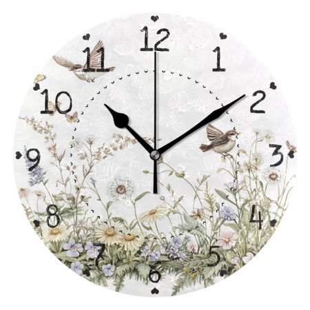 Vintage Leaves Butterflies Birds Florals Round Wall Clock Silent Analog Battery Operated Black Pointer Home Decor 9.84 Diameter