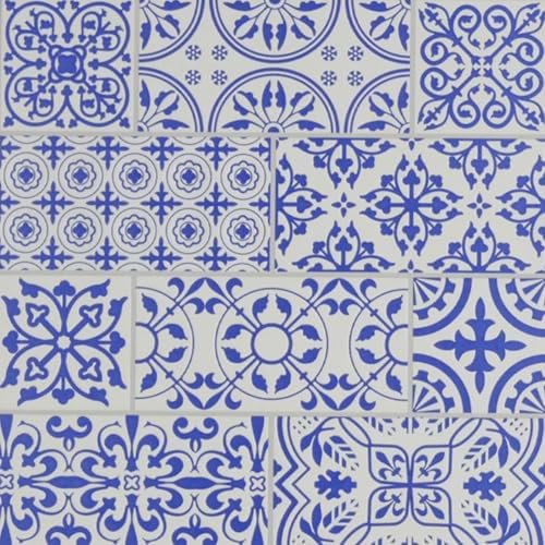 Paquete De 24 Azulejos De Papel Tapiz De 8 X 8 "Para Protector Contra Salpicaduras De Cocina. Despegue Y Pegue El Protector Contra Salpicaduras En Un Diseño De Mosaico De Piedra Pintada De Azul. Placa
