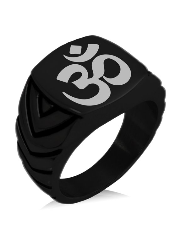Stainless Steel Sacred Sanskrit Om Chevron Pattern Biker Style Polished Ring