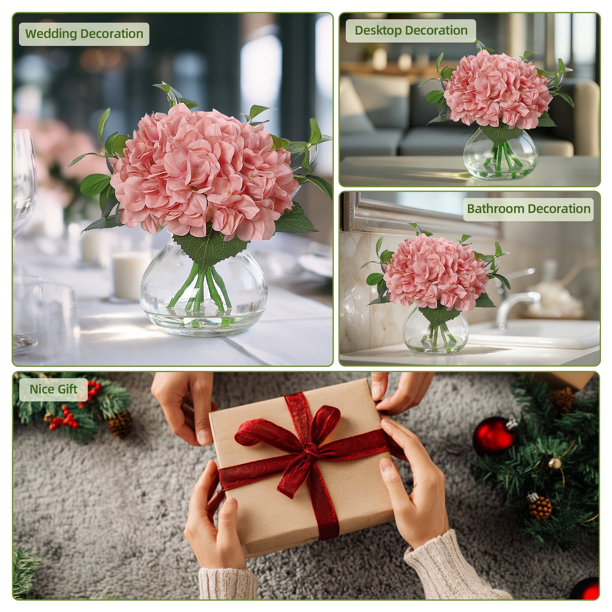 Realistic Silk Hydrangea Artificial Flowers in Glass Vase with Faux Water – Elegant Home Decor, Wedding, and Table Centerpiece Arrangement,Pink
