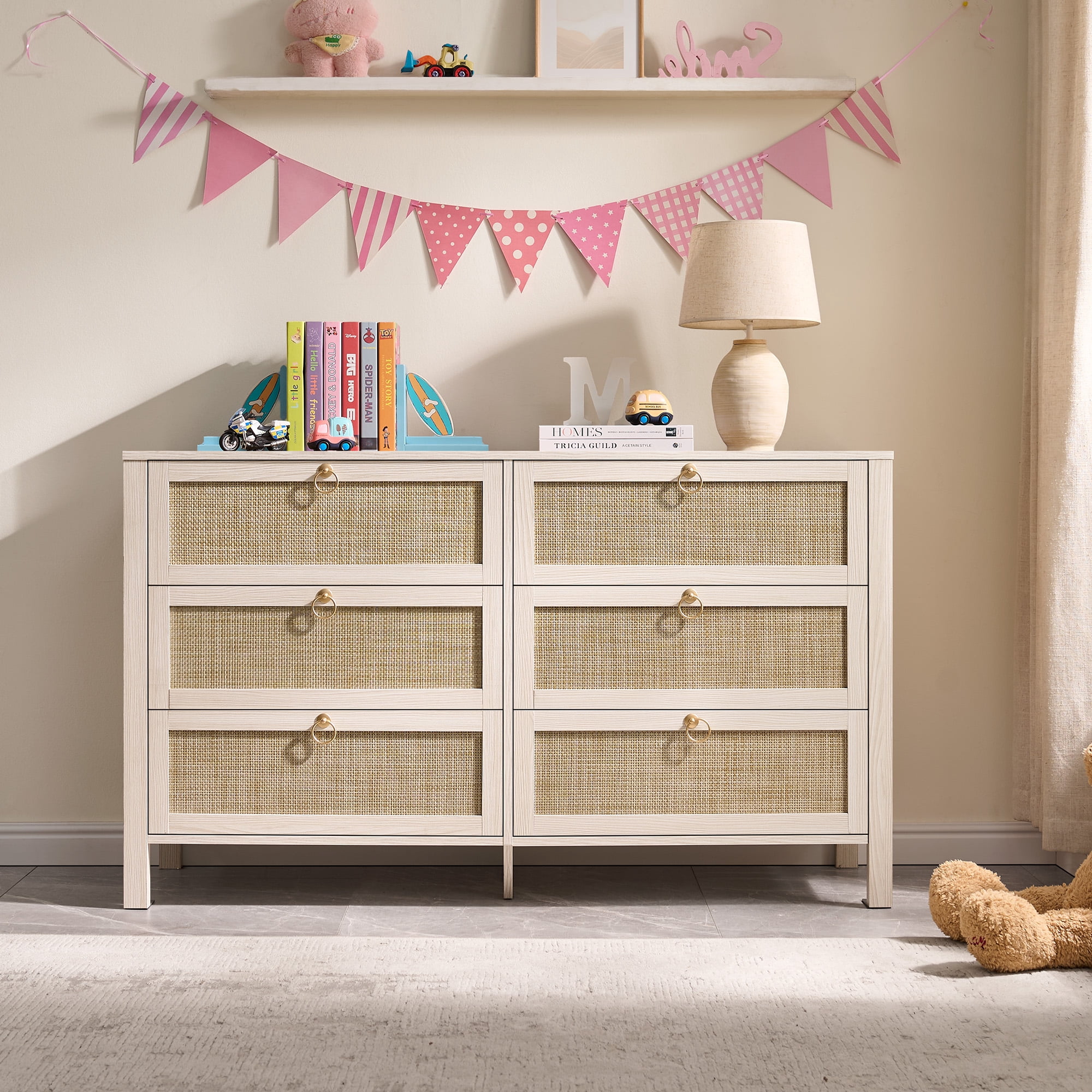 SICOTAS 51.14" Wide 6-Drawer Rattan Dresser, White Boho Chest of Drawers with Gold Handle for Bedroom, Coastal Bedroom Furniture White Oak Dressers for Bedroom