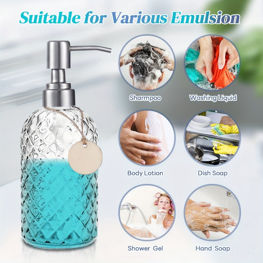 ATJIA 1/2 Pack 16 Oz Glass Refillable Soap Dispenser with Rustproof Stainless Steel Pump for Kitchen and Bathroom