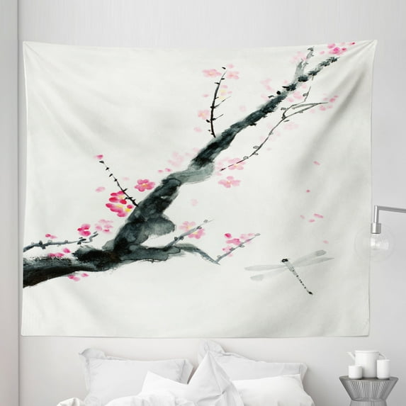 Flower Tapestry, Branch of a Pink Cherry Blossom Sakura Tree Bud a Dragonfly Dramatic, Fabric Wall Hanging Decor for Bedroom Living Room Dorm, 5 Sizes, Pale Sage Green Pink, by Ambesonne