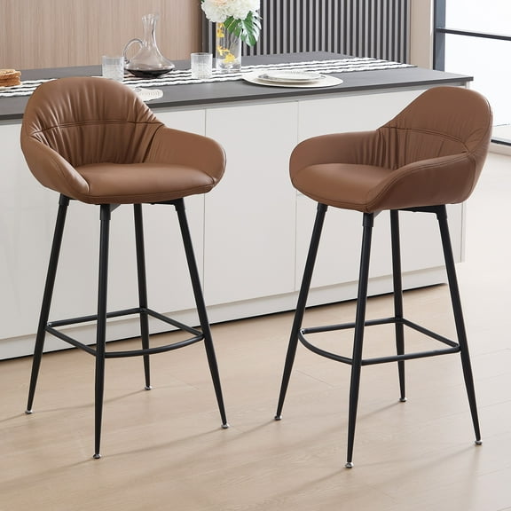 Bar Stools Set of 2, Modern Counter Height Barstools with Metal Legs, 29" Upholstered PU Leather Kitchen Counter Stools, Height Bar Chairs for Kitchen Island, Brown