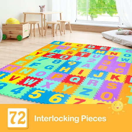 Costway Kids Foam Interlocking Puzzle Play Mat w/Alphabet & Numbers 72-Piece Set - Multi-Color