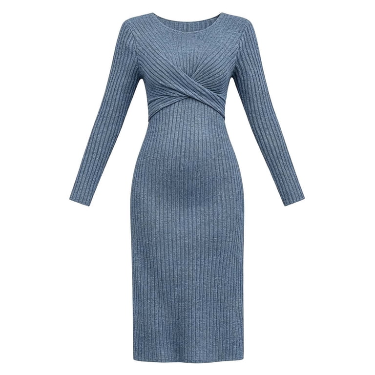 blue maternity sweater dress Womens Twist Front Ribbed Knit Soft Bodycon Midi Dress Long Sleeve Pregnancy Clothes (L, Blue) Moderate Compression