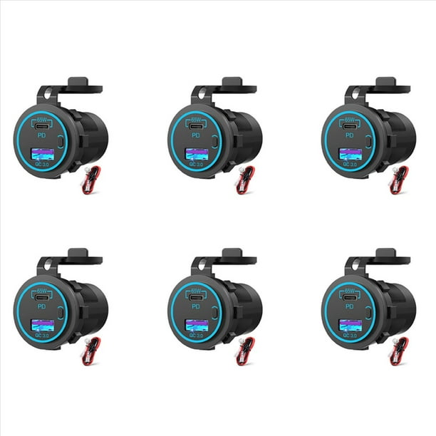 6X 65W PD 12V Salida USB para Computadora Portátil USB C Cargador de Automóvil de Puerto Múltiple Adaptador Una Prueba de Agua para Automóvil Camión
