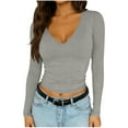 thumbnail image 2 of Roncen Womens Casual V Neck Long Sleeve Shirts Going Out Double Lined Crop Tops Slim Fitted Basic Tee, 2 of 9