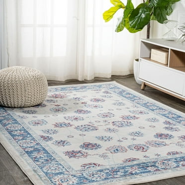 JONATHAN Y MDP101C-4 Modern Persian Vintage Moroccan Traditional Blue/Ivory/Red 4 ft. x 6 ft. Area Rug, Country Floral, Pet Friendly, Stain Resistant, Easy to Clean, for Living Room; Kitchen, Bedroom