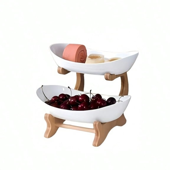 2-Tier Wooden Fruit Stand, Elegant Double Layer Bowl for Candy Snack Display, Space Saving Kitchen Serving Tray Gift (1-Pack)